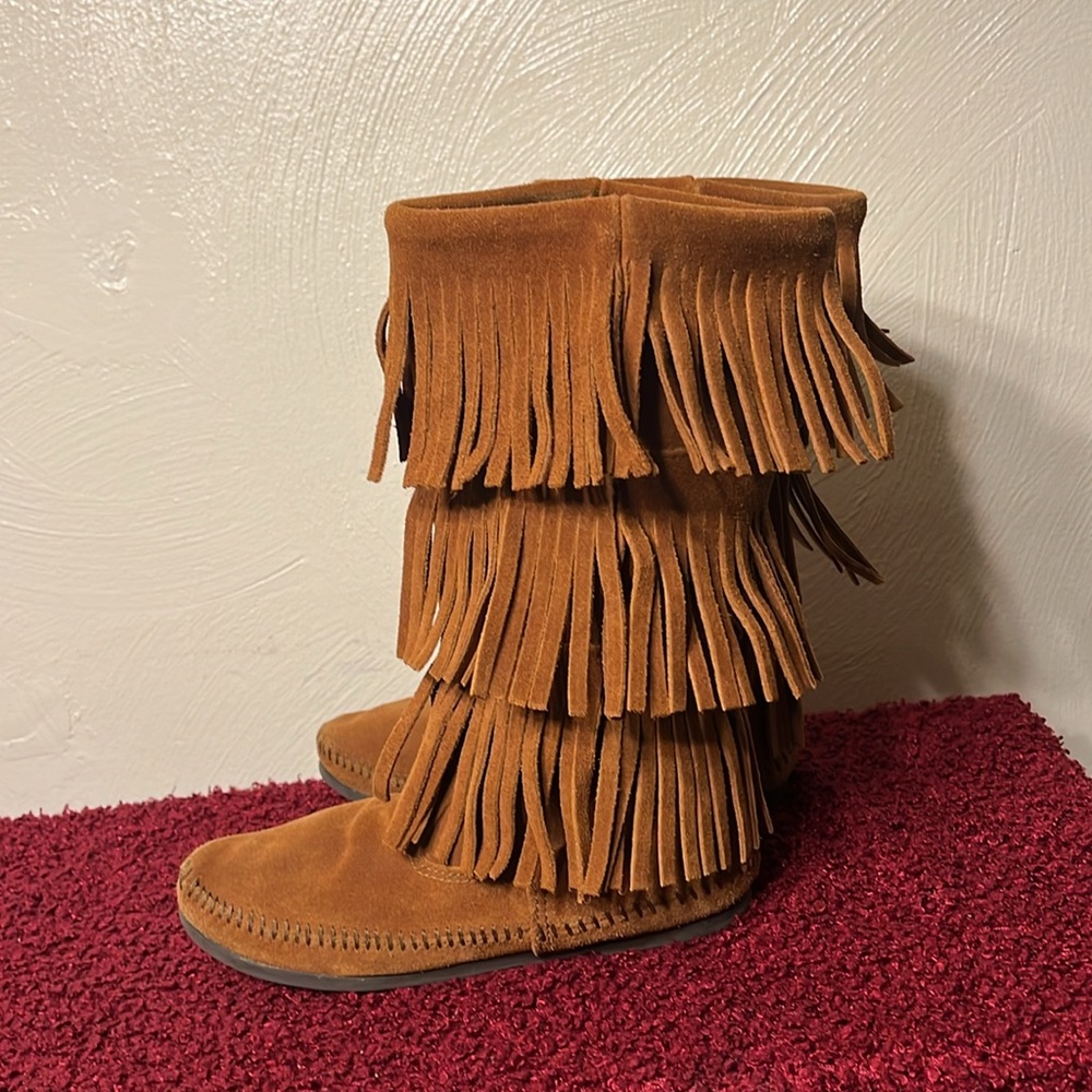 Minnetonka Triple Fringe Suede Moccasin Boots in Chestnut